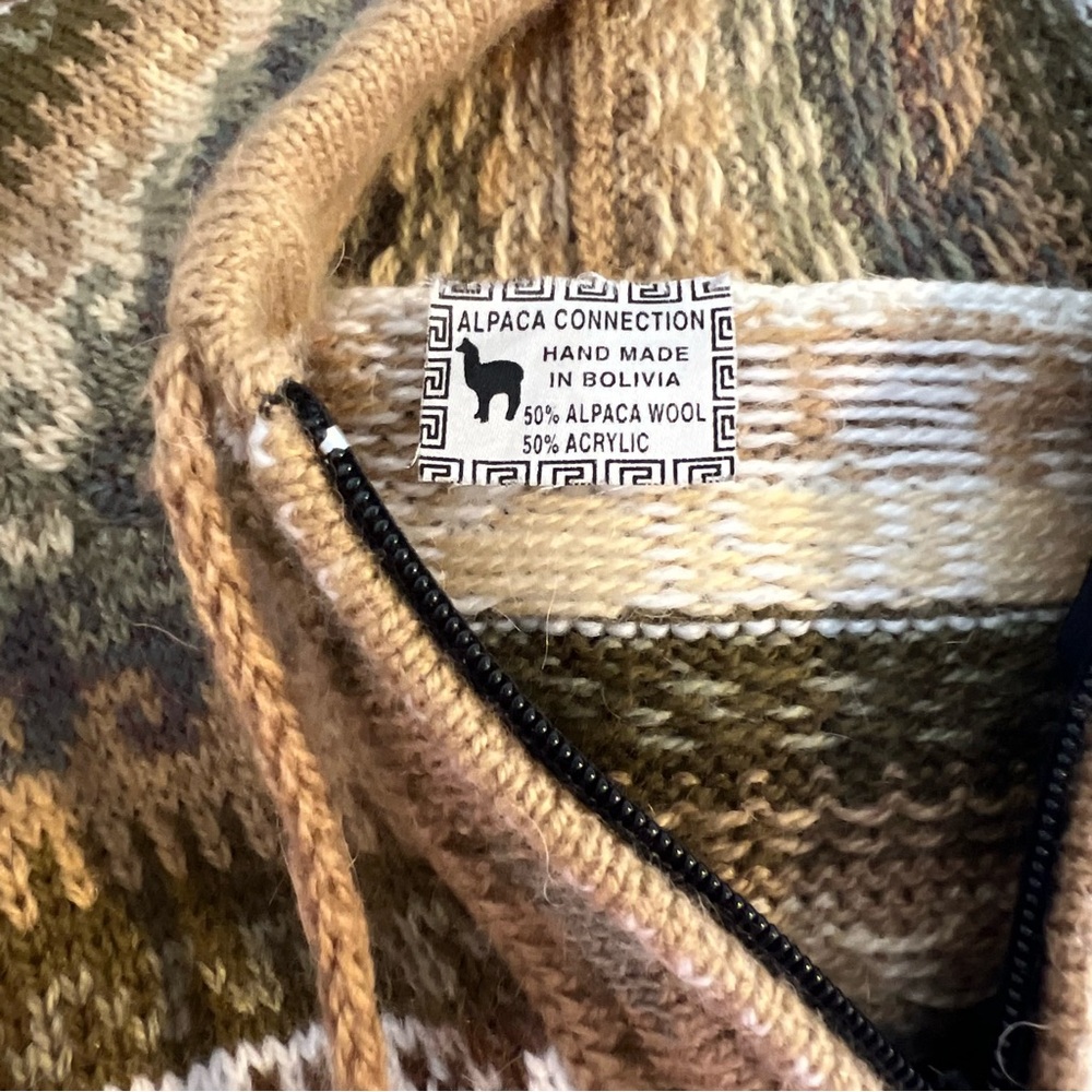 Alpaca Connection Zip Sweater Large Peruvian Alpaca Wool Green Multicolor Hooded - Picture 11 of 11